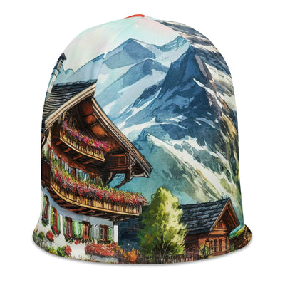 Aquarell der frühlingshaften Alpenkette mit österreichischer Flagge und schmelzendem Schnee - Beanie (All-Over Print) berge xxx yyy zzz