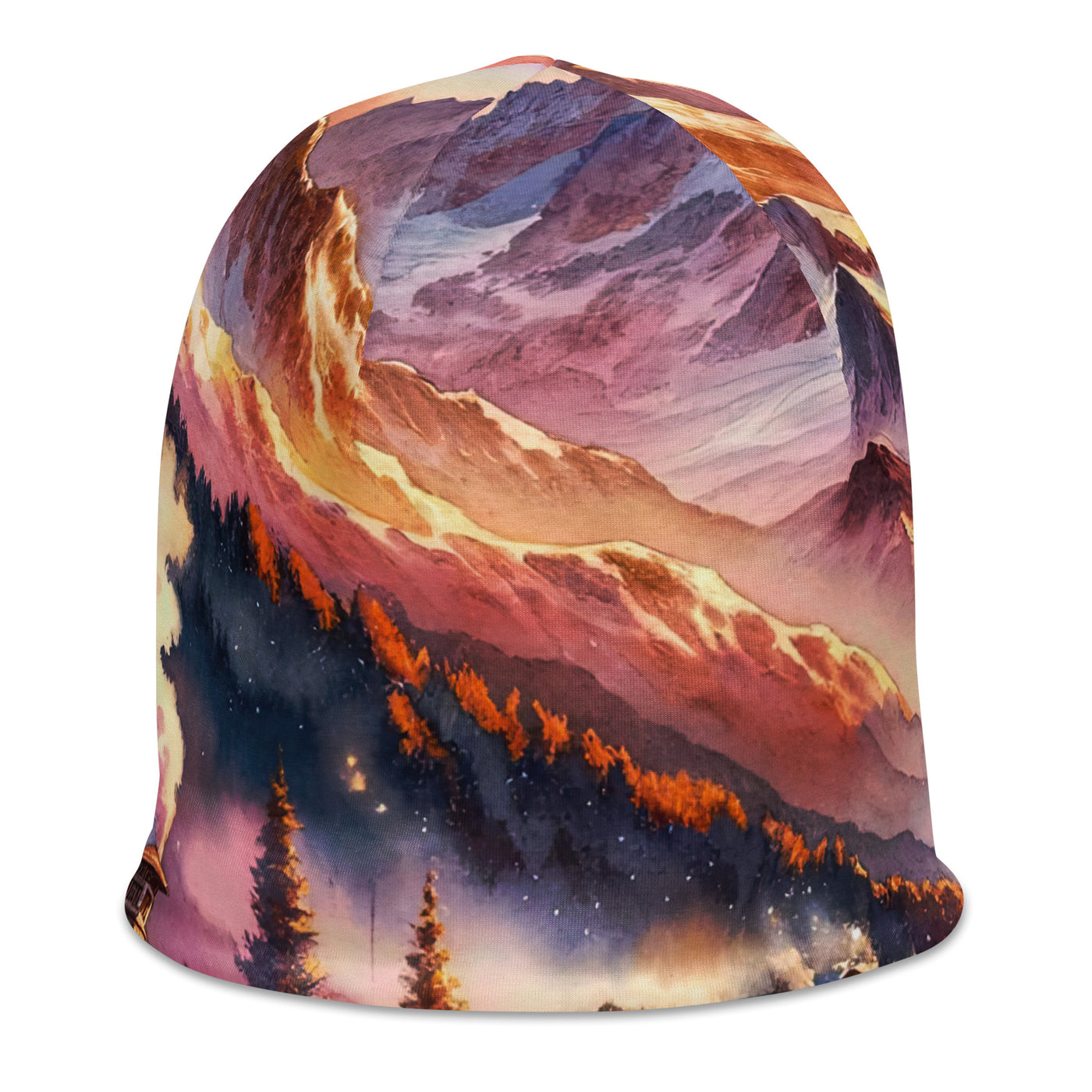 Aquarell eines Alpenpanoramas mit Wanderern bei Sonnenuntergang in Rosa und Gold - Beanie (All-Over Print) wandern xxx yyy zzz