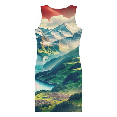 Berg Panorama: Schneeberge und Täler mit Schweizer Flagge - Langes Damen Kleid (All-Over Print) berge xxx yyy zzz