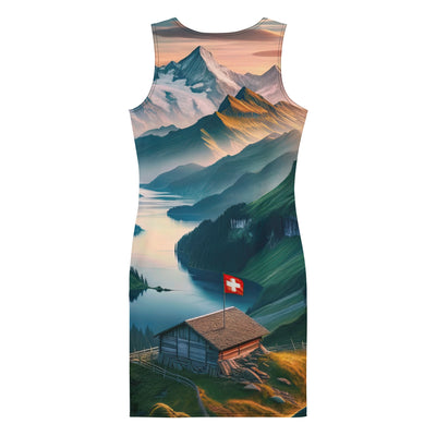 Schweizer Flagge, Alpenidylle: Dämmerlicht, epische Berge und stille Gewässer - Langes Damen Kleid (All-Over Print) berge xxx yyy zzz