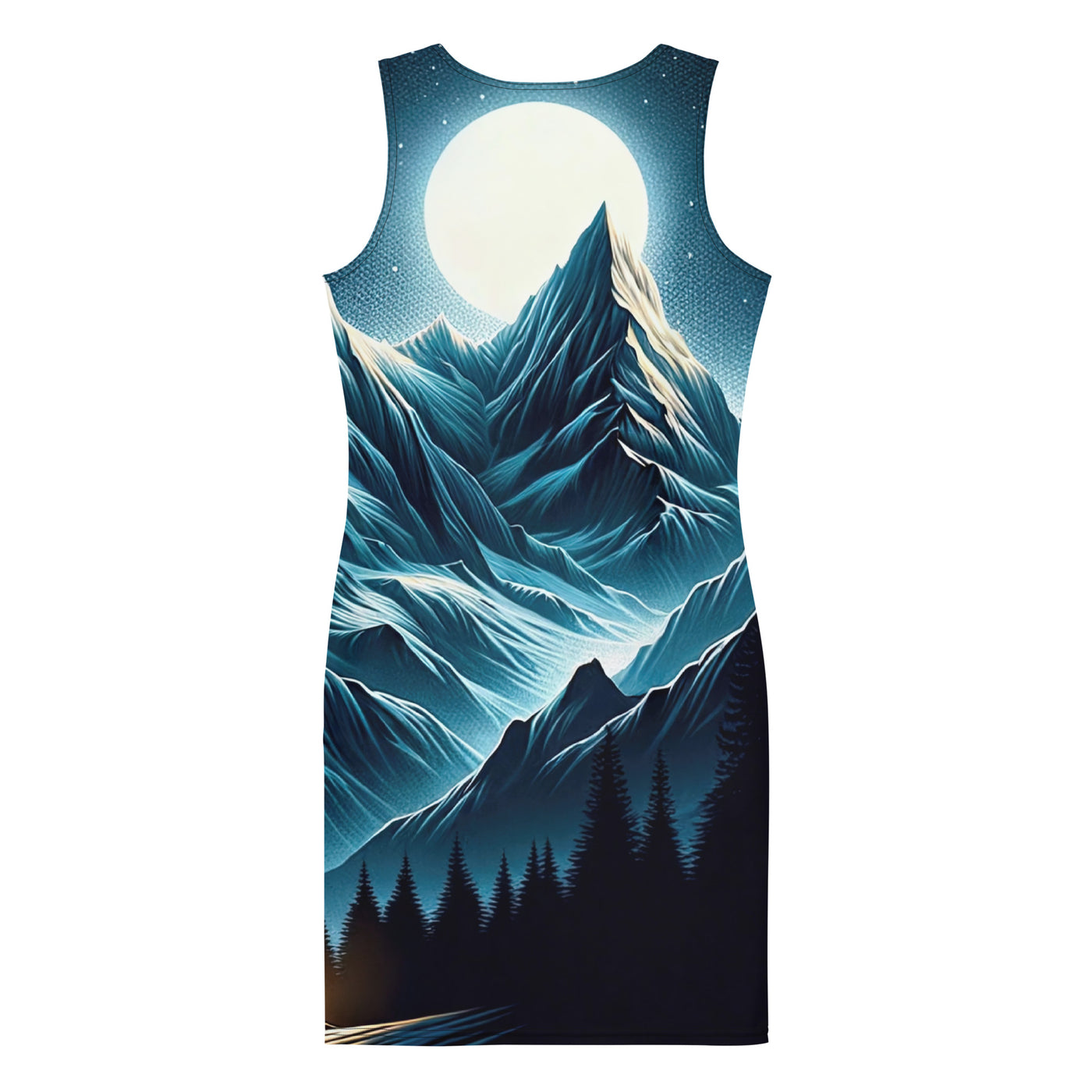 Alpennacht mit Zelt: Mondglanz auf Gipfeln und Tälern, sternenklarer Himmel - Langes Damen Kleid (All-Over Print) berge xxx yyy zzz