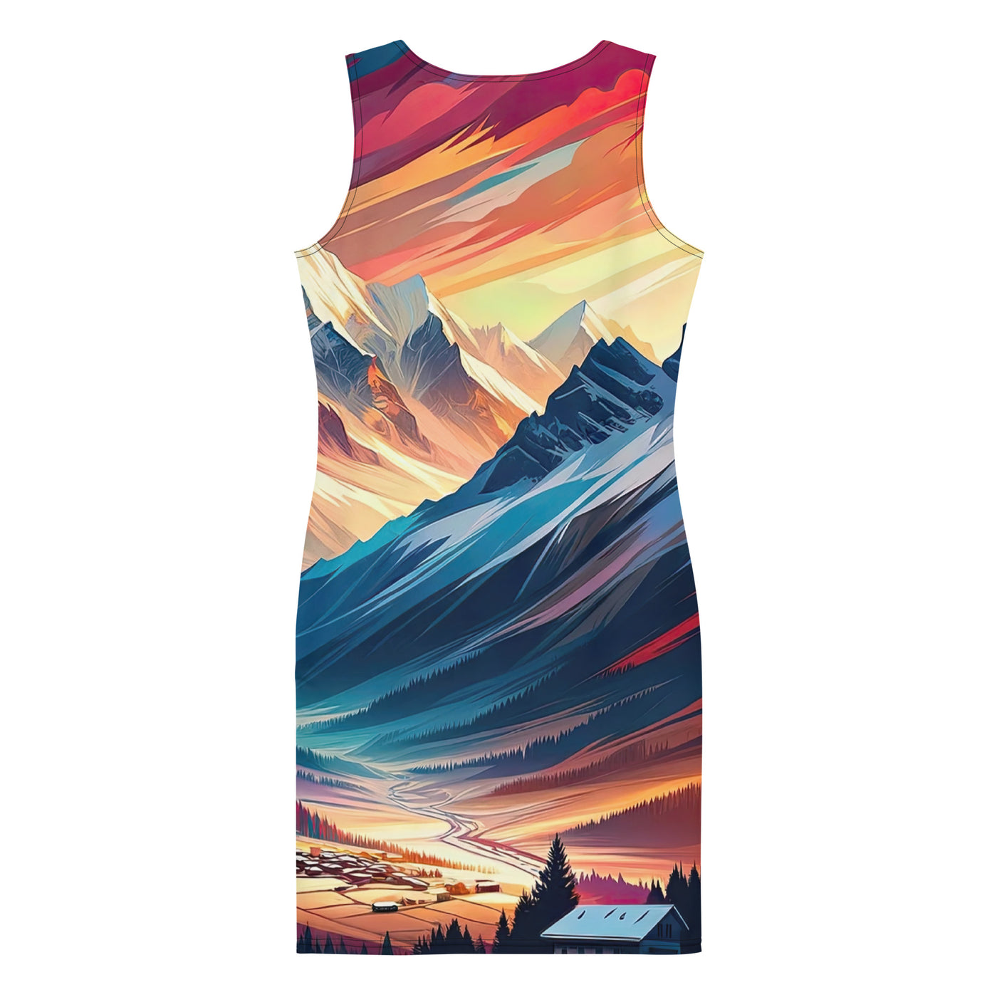 Moderne geometrische Alpen Kunst: Warmer Sonnenuntergangs Schein auf Schneegipfeln - Langes Damen Kleid (All-Over Print) berge xxx yyy zzz