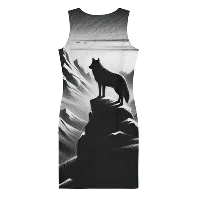 Kohlezeichnung, die die stille Stille der Alpen in der Winterdämmerung verkörpert. Wolf auf einem Berghügel (AN) - Langes Damen Kleid (All-Over Print) xxx yyy zzz