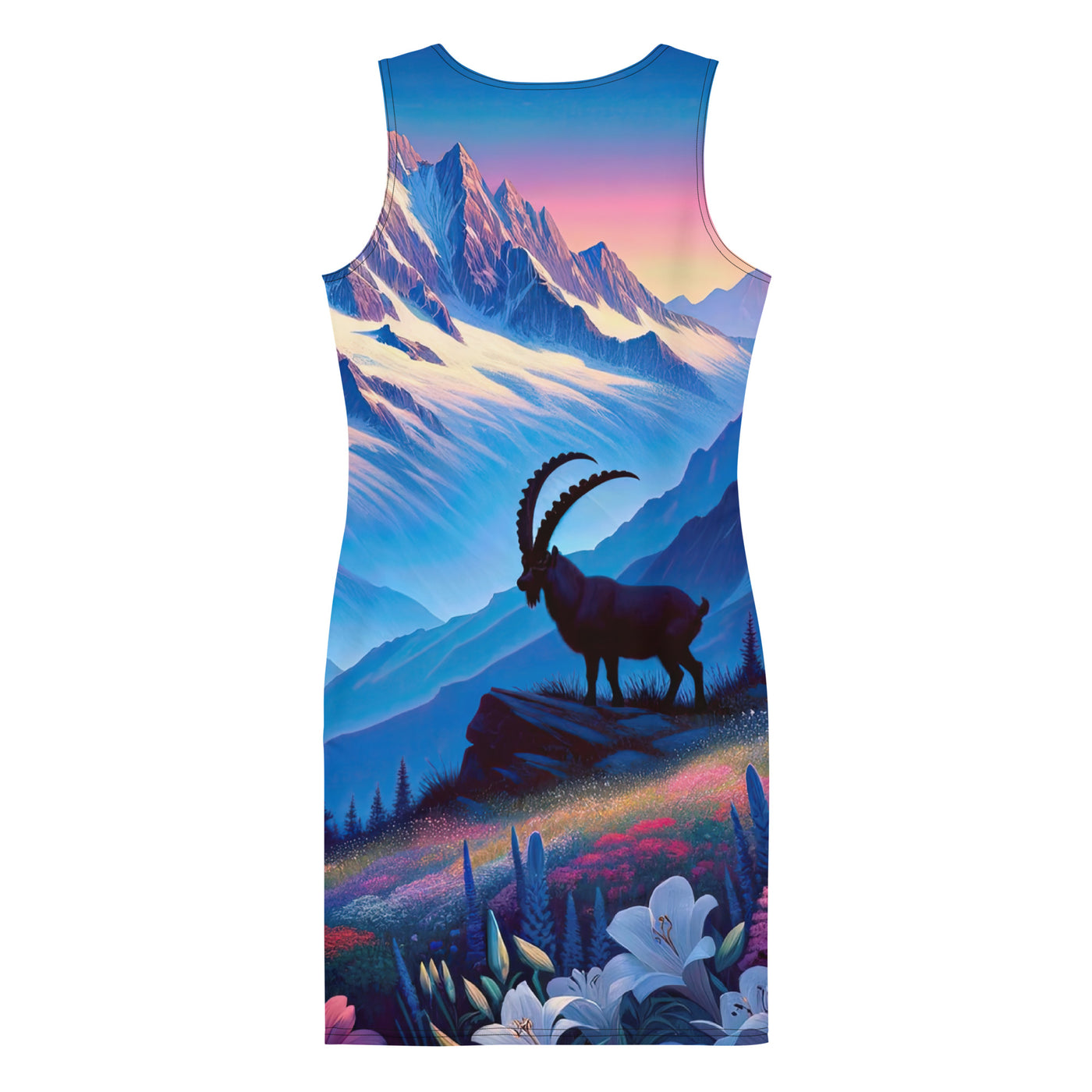 Steinbock bei Dämmerung in den Alpen, sonnengeküsste Schneegipfel - Langes Damen Kleid (All-Over Print) berge xxx yyy zzz