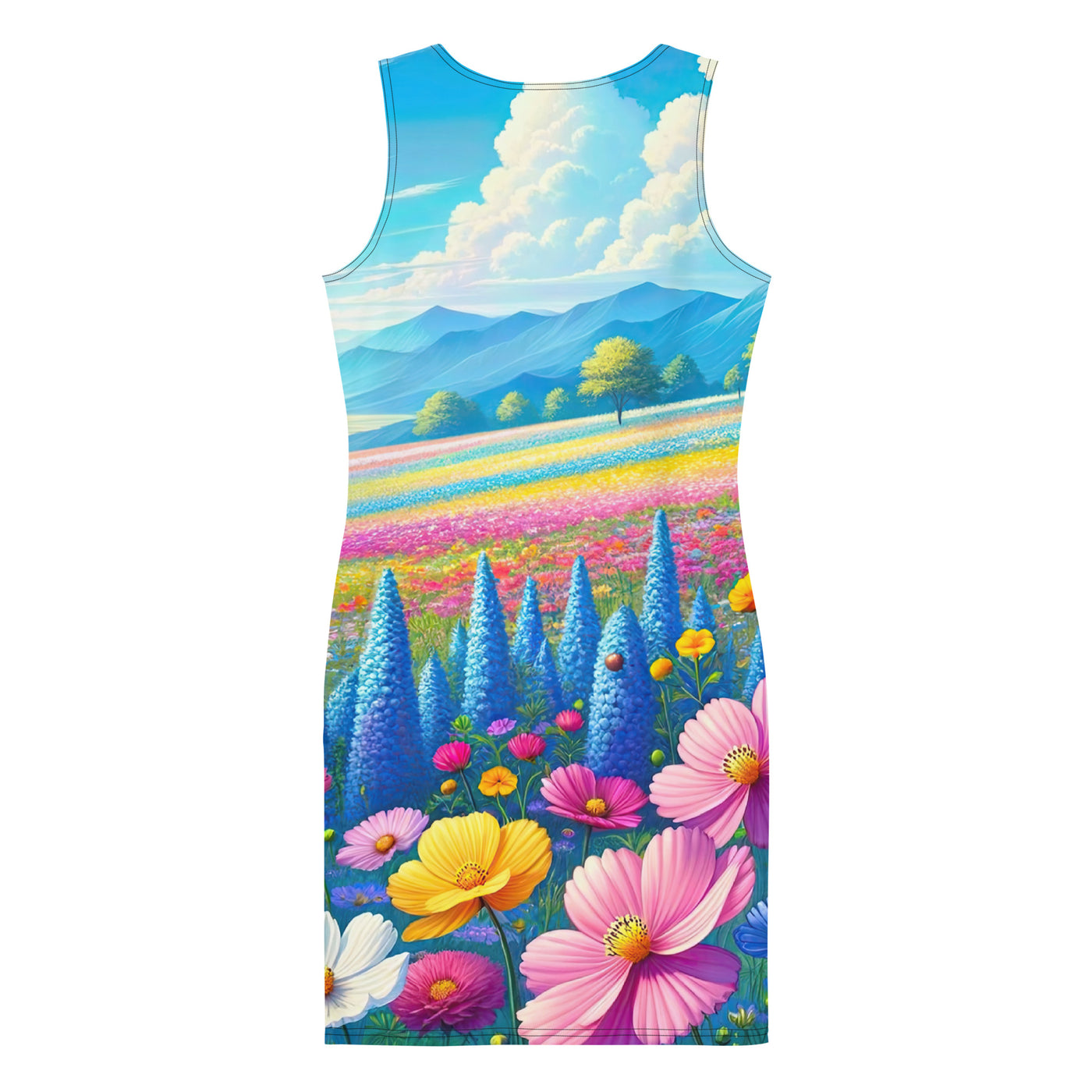 Weitläufiges Blumenfeld unter himmelblauem Himmel, leuchtende Flora - Langes Damen Kleid (All-Over Print) camping xxx yyy zzz