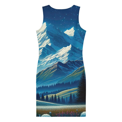 Klare frühlingshafte Alpennacht mit Blumen und Vollmond über Schneegipfeln - Langes Damen Kleid (All-Over Print) berge xxx yyy zzz