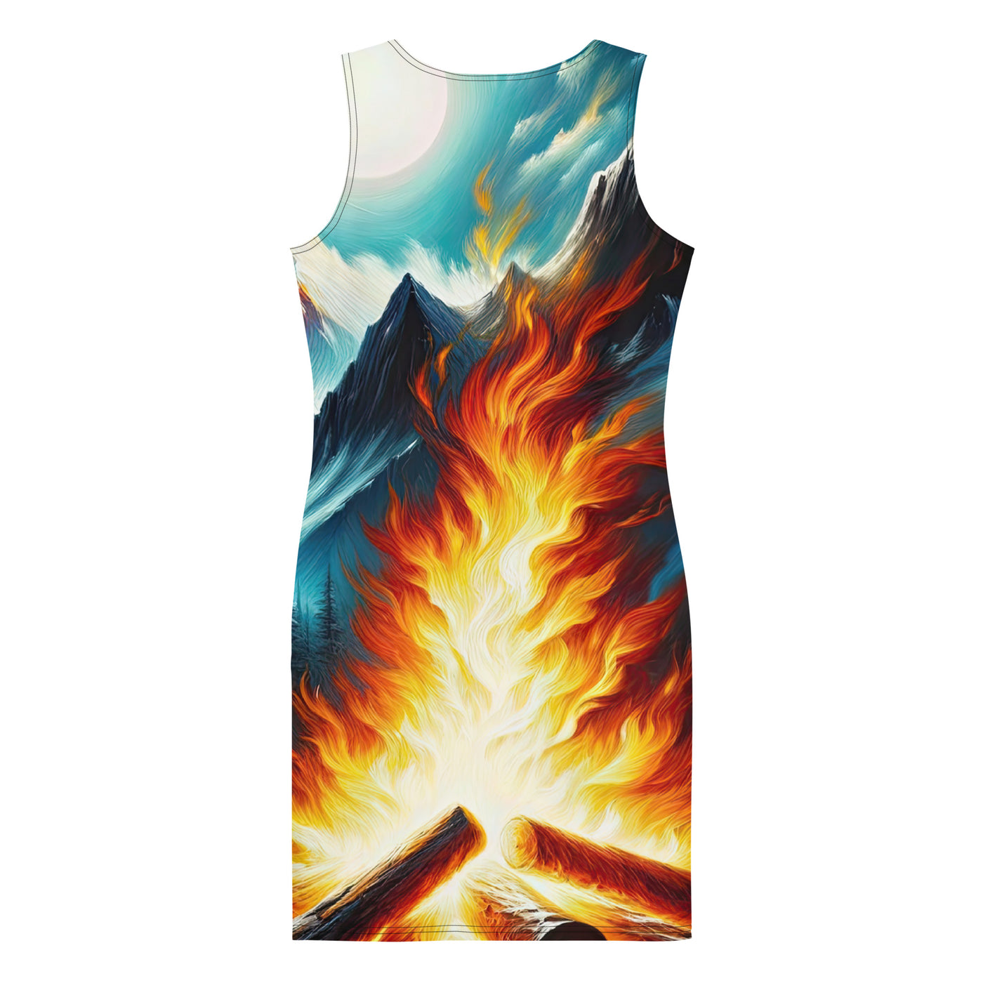 Ölgemälde von Feuer und Eis: Lagerfeuer und Alpen im Kontrast, warme Flammen - Langes Damen Kleid (All-Over Print) camping xxx yyy zzz