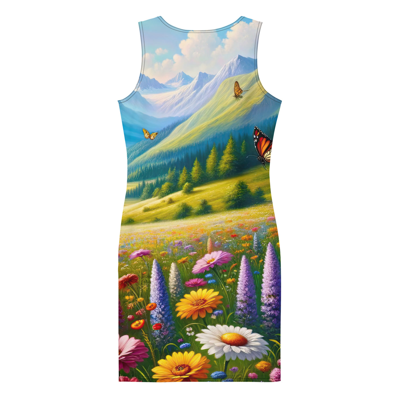 Ölgemälde einer ruhigen Almwiese, Oase mit bunter Wildblumenpracht - Langes Damen Kleid (All-Over Print) camping xxx yyy zzz