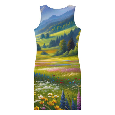 Ölgemälde einer Almwiese, Meer aus Wildblumen in Gelb- und Lilatönen - Langes Damen Kleid (All-Over Print) berge xxx yyy zzz