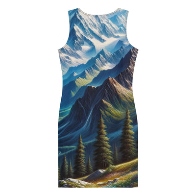 Panorama-Ölgemälde der Alpen mit schneebedeckten Gipfeln und schlängelnden Flusstälern - Langes Damen Kleid (All-Over Print) berge xxx yyy zzz