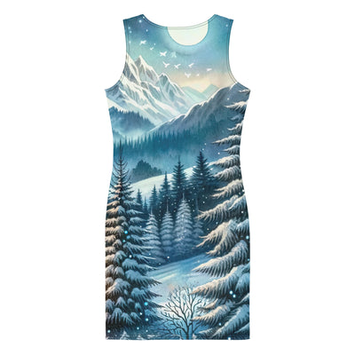 Aquarell eines Winterabends in den Alpen mit Lagerfeuer und Wanderern, glitzernder Neuschnee - Langes Damen Kleid (All-Over Print) camping xxx yyy zzz