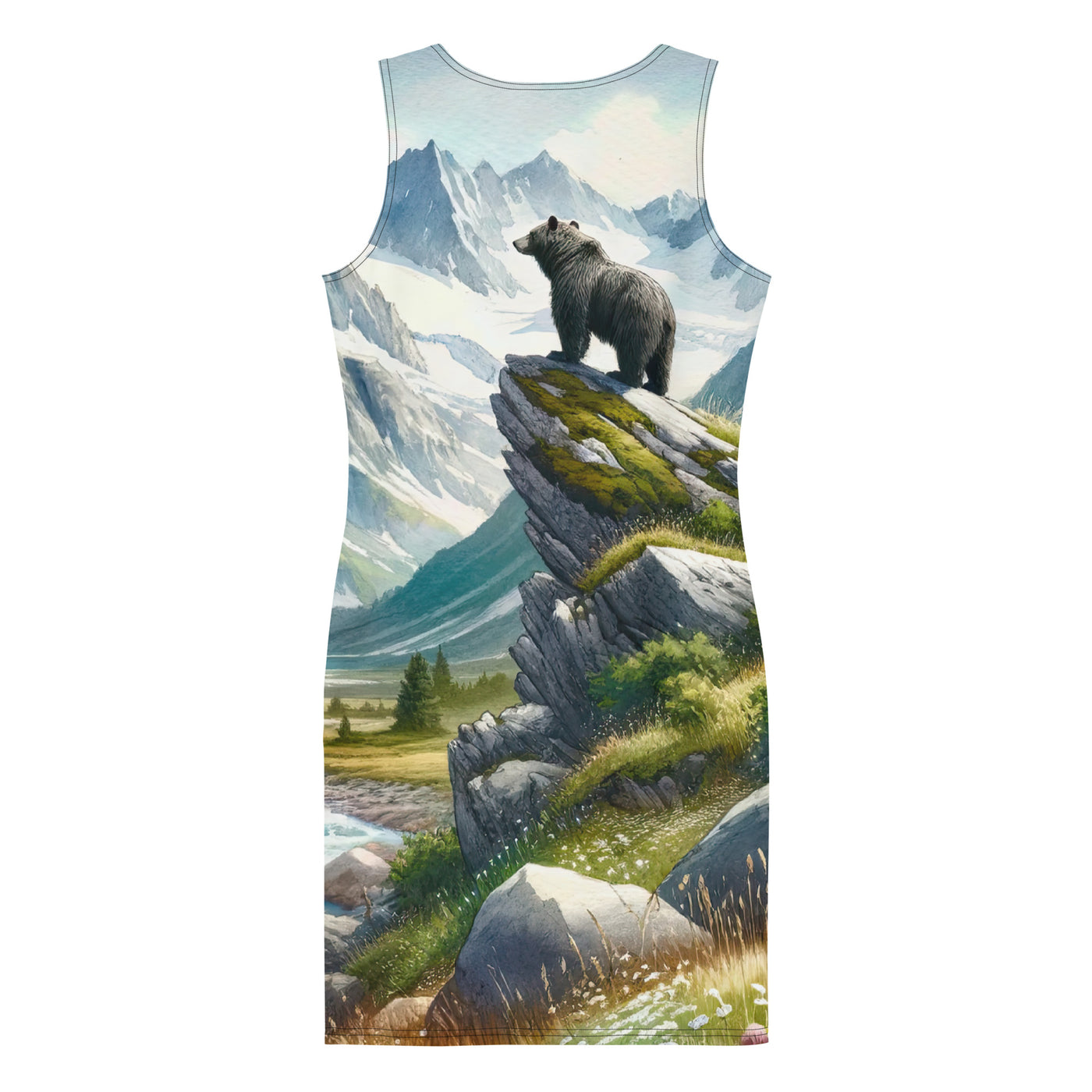 Aquarellmalerei eines Bären und der sommerlichen Alpenschönheit mit schneebedeckten Ketten - Langes Damen Kleid (All-Over Print) camping xxx yyy zzz