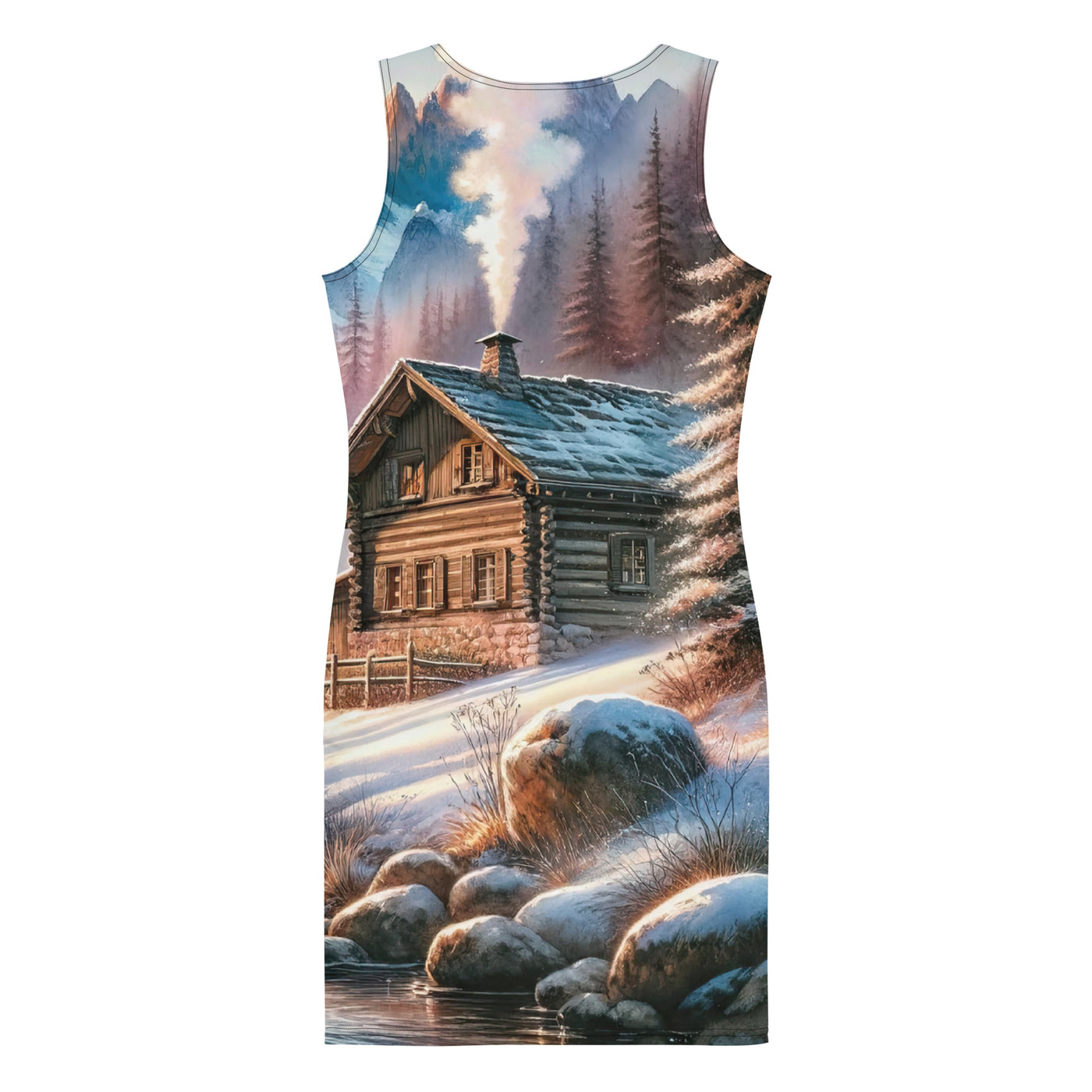 Aquarell einer Alpenszene im Morgengrauen, Haus in den Bergen - Langes Damen Kleid (All-Over Print) berge xxx yyy zzz