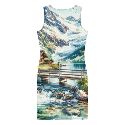 Aquarell der frühlingshaften Alpenkette mit österreichischer Flagge und schmelzendem Schnee - Langes Damen Kleid (All-Over Print) berge xxx yyy zzz