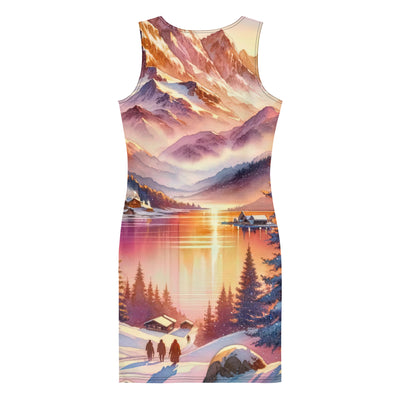 Aquarell eines Alpenpanoramas mit Wanderern bei Sonnenuntergang in Rosa und Gold - Langes Damen Kleid (All-Over Print) wandern xxx yyy zzz