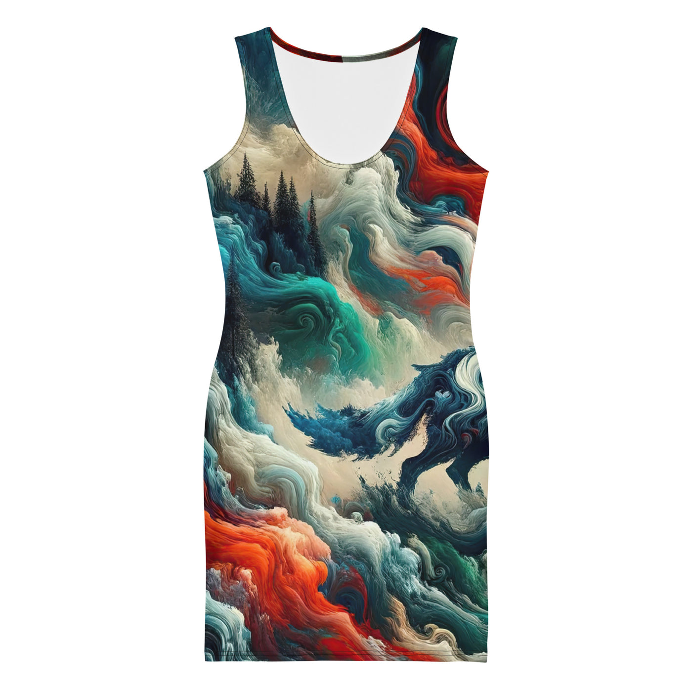 Abstrakte Kunst eines Wolfes in den Alpen mit Mustern aus eisigem Blau und Waldgrün verschmelzen mit feurigen Farben (AN) - All-Over Print xxx yyy zzz XL