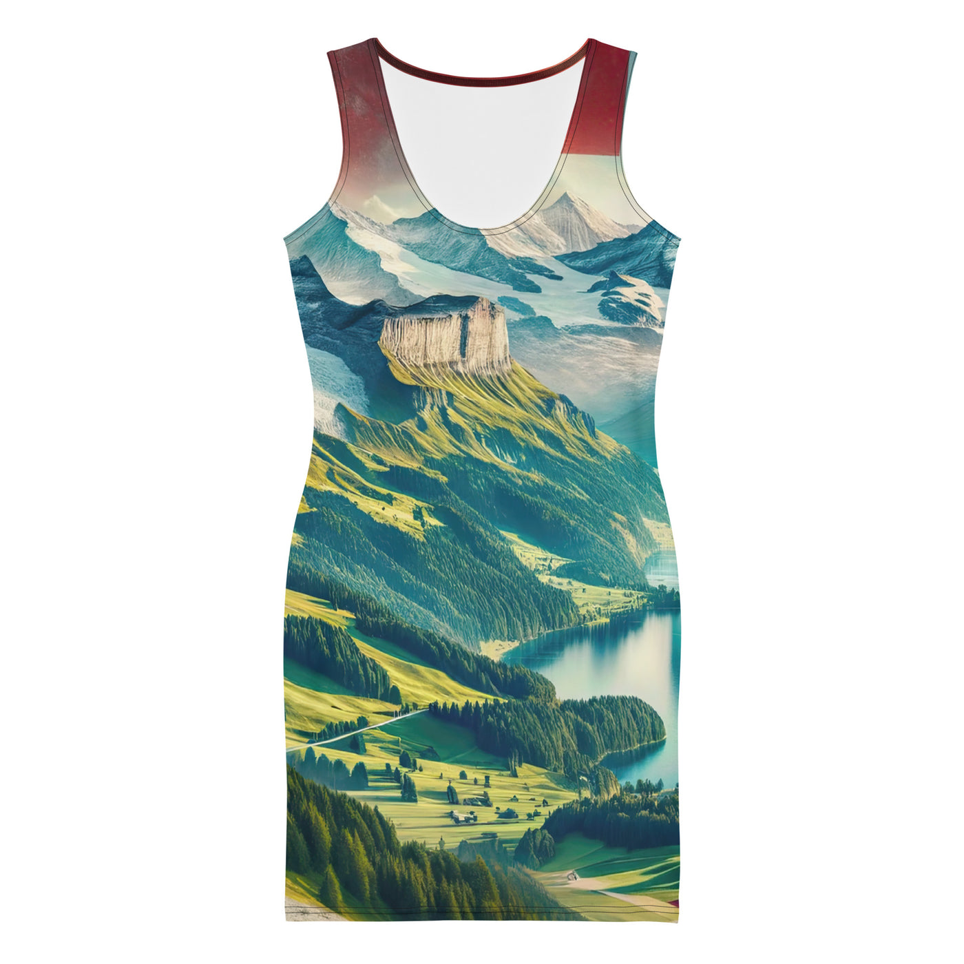 Berg Panorama: Schneeberge und Täler mit Schweizer Flagge - Langes Damen Kleid (All-Over Print) berge xxx yyy zzz XL