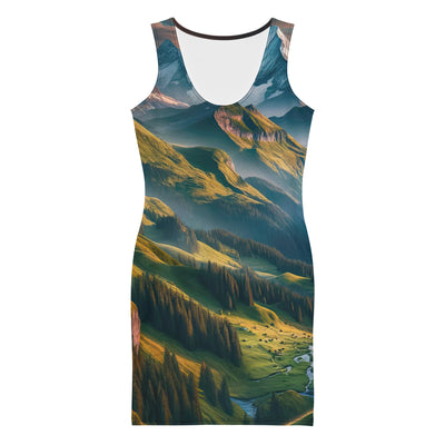 Schweizer Flagge, Alpenidylle: Dämmerlicht, epische Berge und stille Gewässer - Langes Damen Kleid (All-Over Print) berge xxx yyy zzz XL