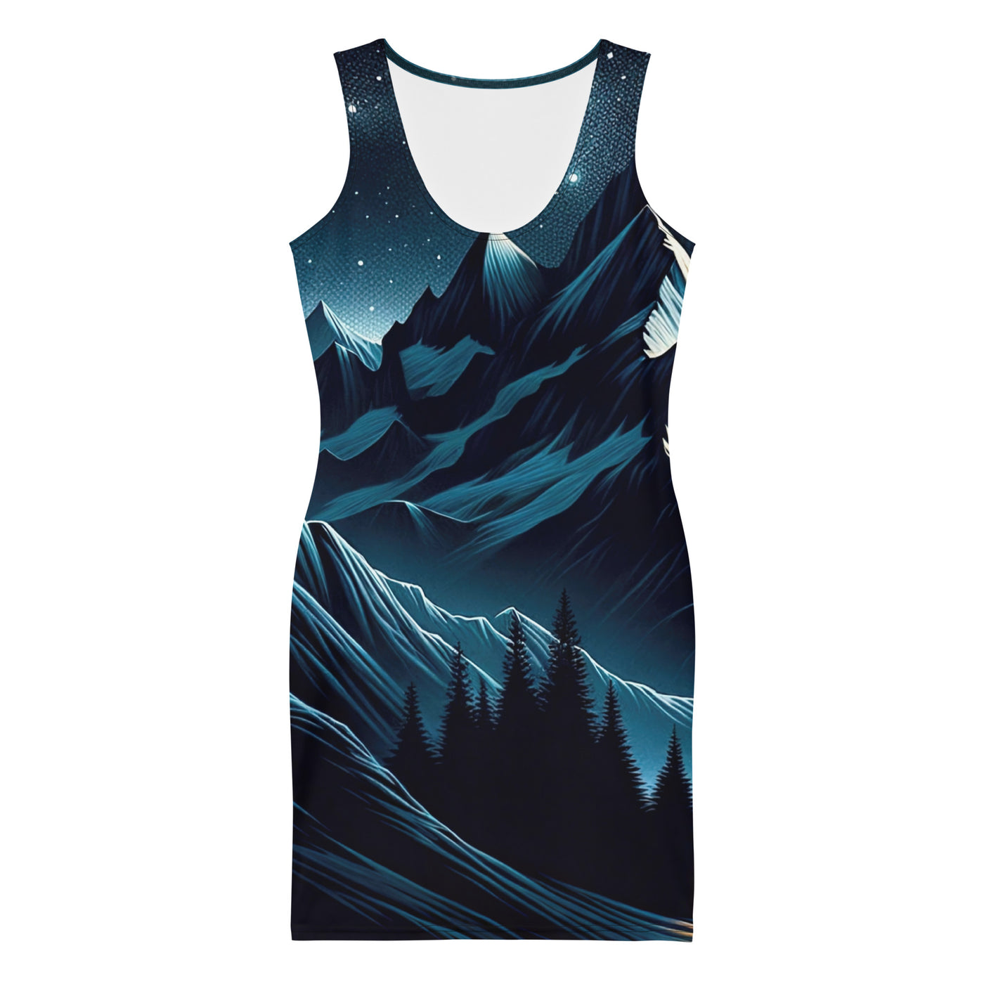 Alpennacht mit Zelt: Mondglanz auf Gipfeln und Tälern, sternenklarer Himmel - Langes Damen Kleid (All-Over Print) berge xxx yyy zzz XL