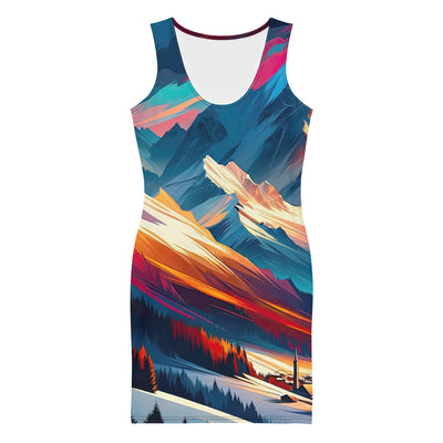 Moderne geometrische Alpen Kunst: Warmer Sonnenuntergangs Schein auf Schneegipfeln - Langes Damen Kleid (All-Over Print) berge xxx yyy zzz XL