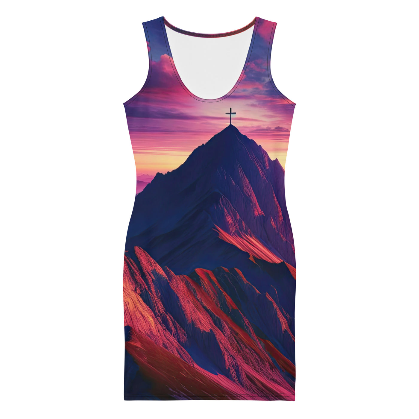 Dramatischer Alpen-Sonnenaufgang, Gipfelkreuz und warme Himmelsfarben - Langes Damen Kleid (All-Over Print) berge xxx yyy zzz XL