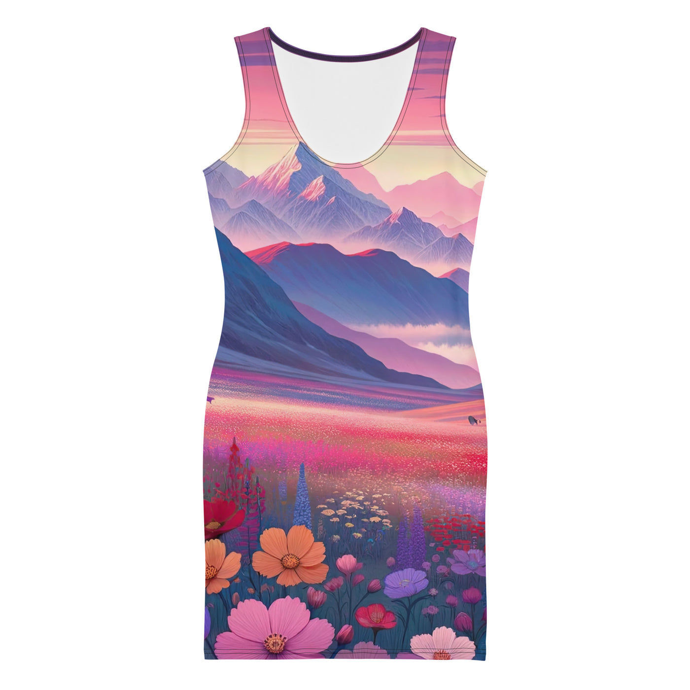 Verträumte Berg-Abenddämmerung mit Hochlandrind und blumigem Glanz - Langes Damen Kleid (All-Over Print) berge xxx yyy zzz XL