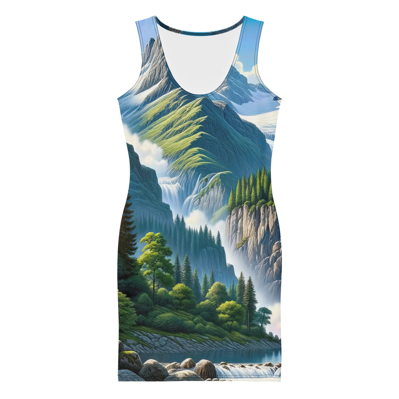 Illustration einer unberührten Alpenkulisse im Hochsommer. Wasserfall und See - Langes Damen Kleid (All-Over Print) berge xxx yyy zzz XL