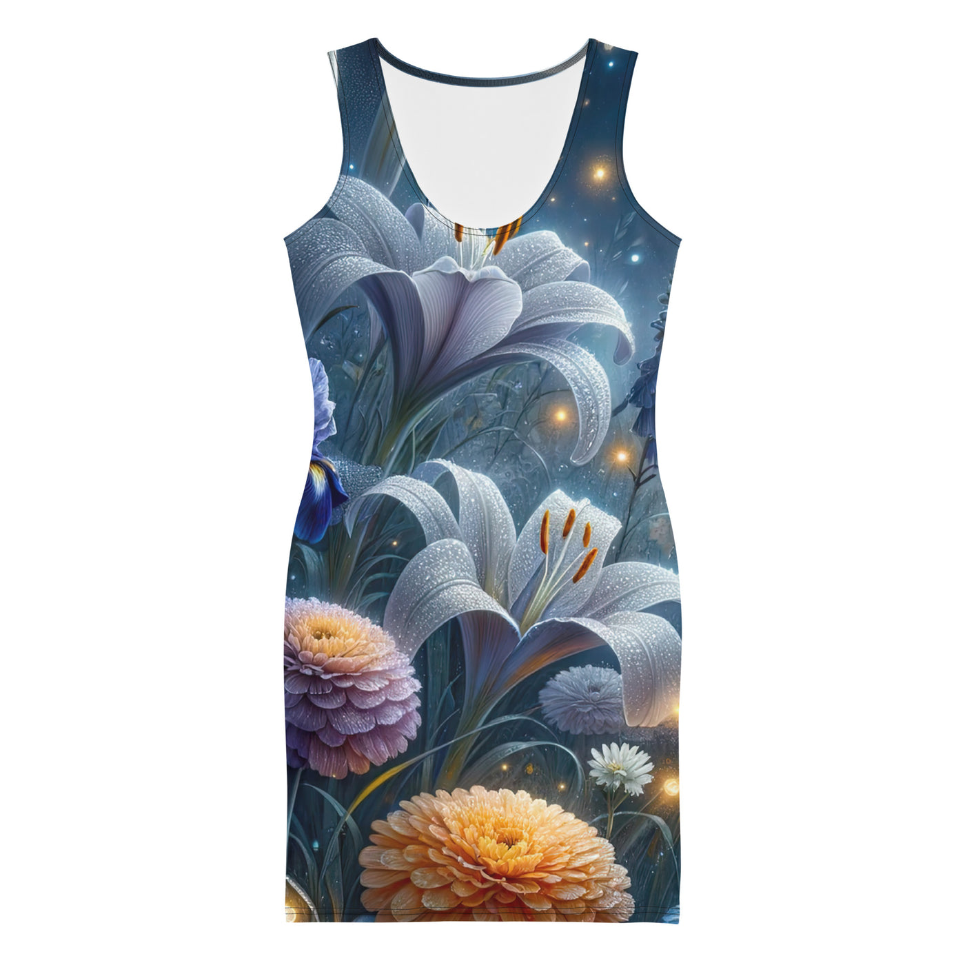 Ätherische Mondnacht auf blühender Wiese, silbriger Blumenglanz - Langes Damen Kleid (All-Over Print) camping xxx yyy zzz XL