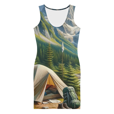 Ölgemälde der Alpensommerlandschaft mit Zelt, Gipfeln, Wäldern und Bächen - Langes Damen Kleid (All-Over Print) camping xxx yyy zzz XL