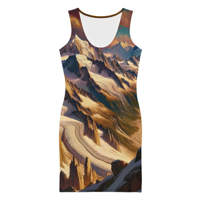 Ölgemälde eines Wanderers auf einem Hügel mit Panoramablick auf schneebedeckte Alpen und goldenen Himmel - Langes Damen Kleid (All-Over Print) wandern xxx yyy zzz XL