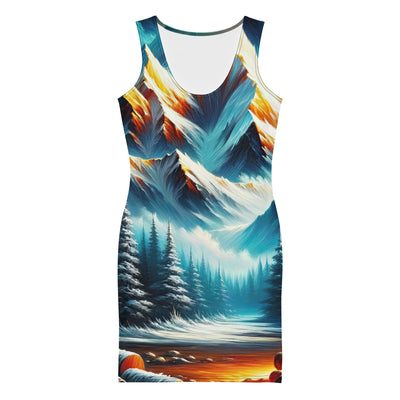 Ölgemälde von Feuer und Eis: Lagerfeuer und Alpen im Kontrast, warme Flammen - Langes Damen Kleid (All-Over Print) camping xxx yyy zzz XL