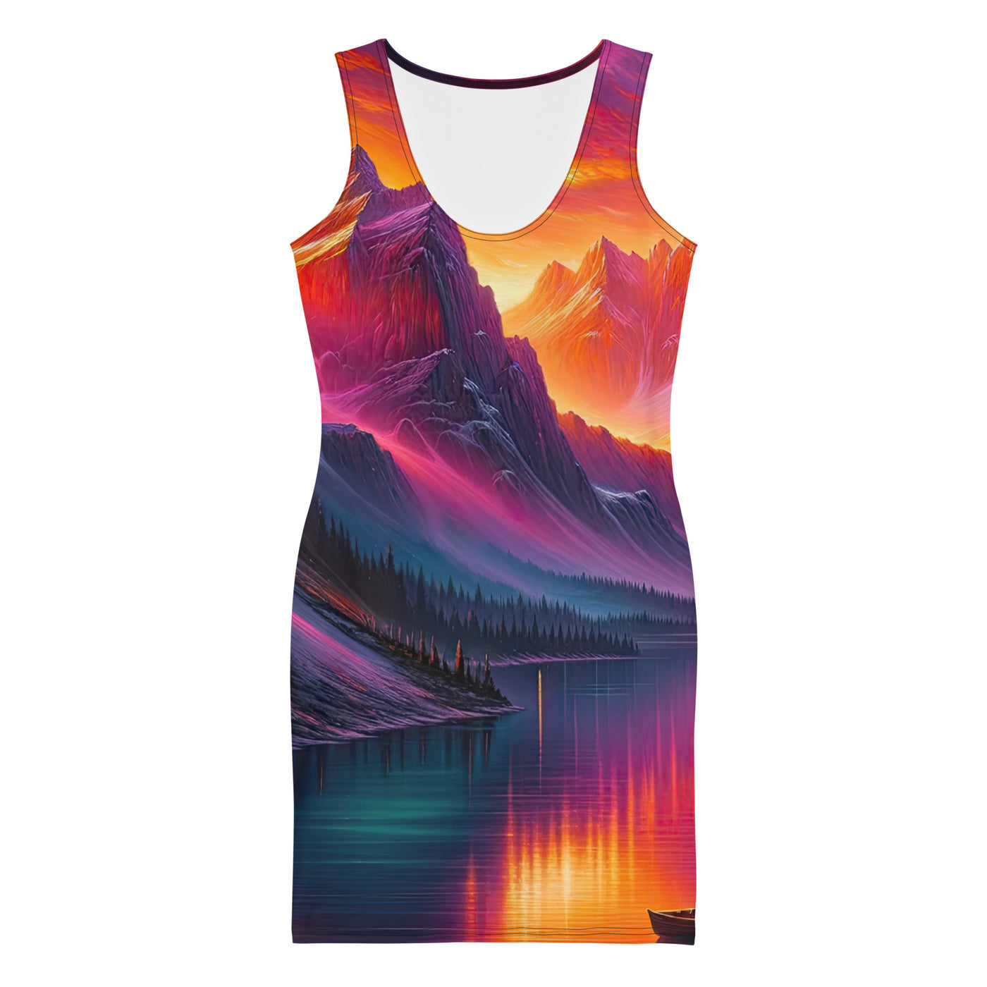 Ölgemälde eines Bootes auf einem Bergsee bei Sonnenuntergang, lebendige Orange-Lila Töne - Langes Damen Kleid (All-Over Print) berge xxx yyy zzz XL