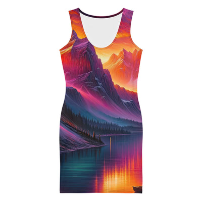 Ölgemälde eines Bootes auf einem Bergsee bei Sonnenuntergang, lebendige Orange-Lila Töne - Langes Damen Kleid (All-Over Print) berge xxx yyy zzz XL