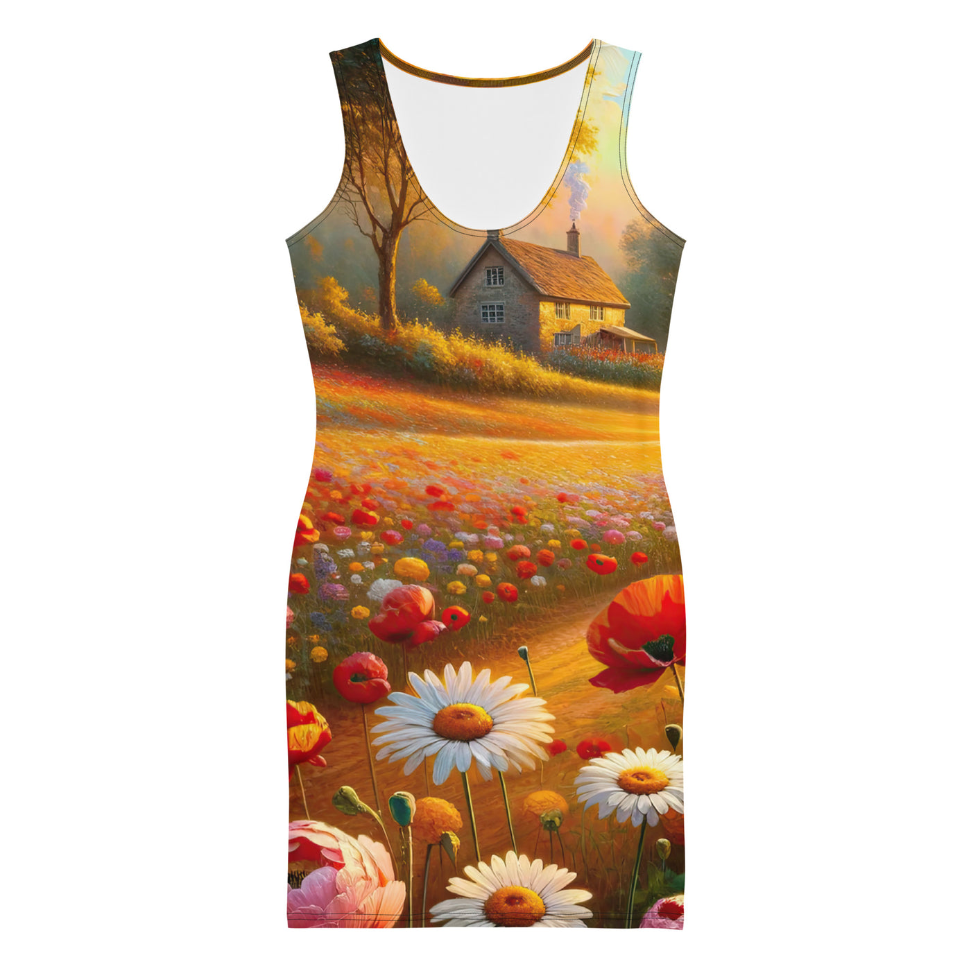 Ölgemälde eines Blumenfeldes im Sonnenuntergang, leuchtende Farbpalette - Langes Damen Kleid (All-Over Print) camping xxx yyy zzz XL