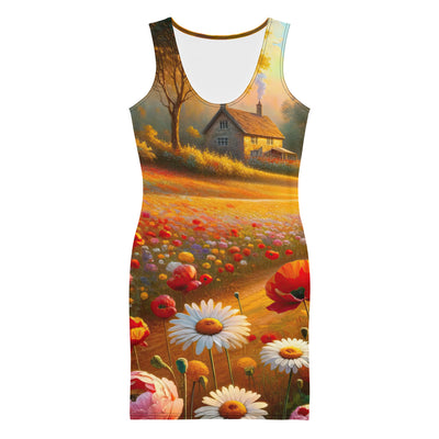 Ölgemälde eines Blumenfeldes im Sonnenuntergang, leuchtende Farbpalette - Langes Damen Kleid (All-Over Print) camping xxx yyy zzz XL