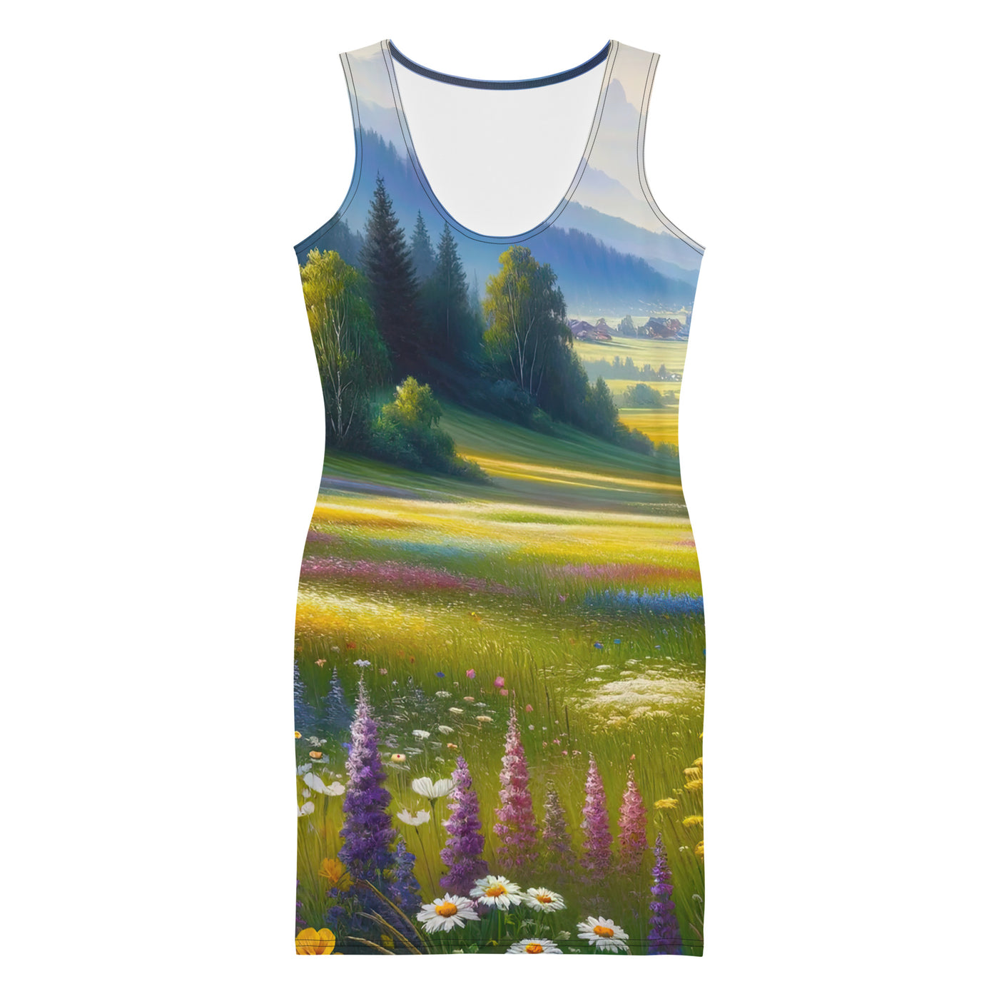 Ölgemälde einer Almwiese, Meer aus Wildblumen in Gelb- und Lilatönen - Langes Damen Kleid (All-Over Print) berge xxx yyy zzz XL