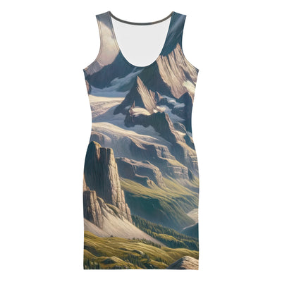 Ölgemälde der Alpengipfel mit Schweizer Abenteurerin auf Felsvorsprung - Langes Damen Kleid (All-Over Print) wandern xxx yyy zzz XL