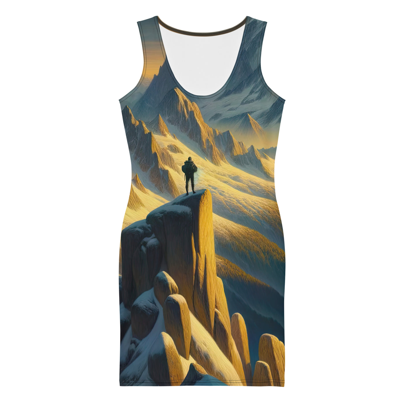 Ölgemälde eines Wanderers bei Morgendämmerung auf Alpengipfeln mit goldenem Sonnenlicht - Langes Damen Kleid (All-Over Print) wandern xxx yyy zzz XL