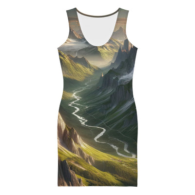 Fotorealistisches Bild der Alpen mit österreichischer Flagge, scharfen Gipfeln und grünen Tälern - Langes Damen Kleid (All-Over Print) berge xxx yyy zzz XL