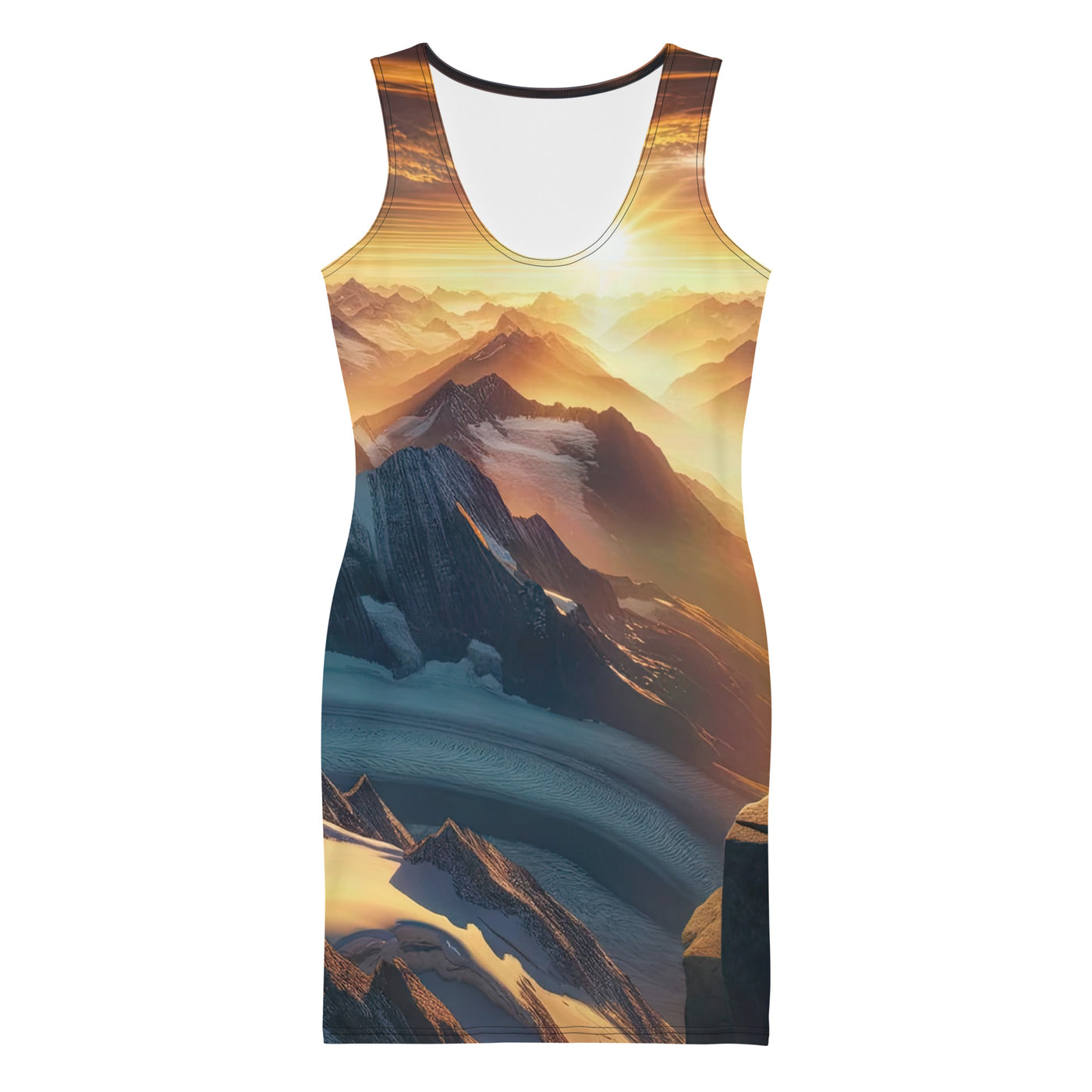 Fotorealistische Darstellung der Alpen bei Sonnenaufgang, Wanderin unter einem gold-purpurnen Himmel - Langes Damen Kleid (All-Over Print) wandern xxx yyy zzz XL