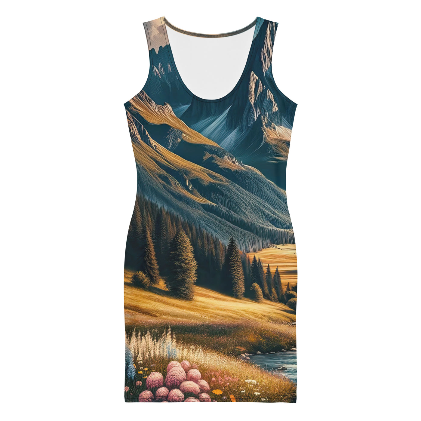 Quadratisches Kunstwerk der Alpen, majestätische Berge unter goldener Sonne - Langes Damen Kleid (All-Over Print) berge xxx yyy zzz XL