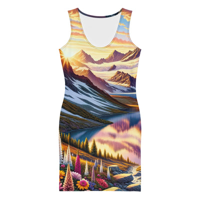 Quadratische Illustration der Alpen mit schneebedeckten Gipfeln und Wildblumen - Langes Damen Kleid (All-Over Print) berge xxx yyy zzz XL