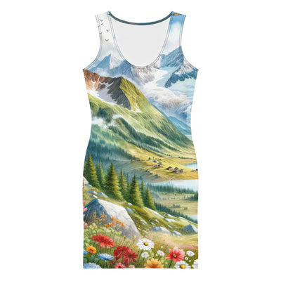 Quadratisches Aquarell der Alpen, Berge mit schneebedeckten Spitzen - Langes Damen Kleid (All-Over Print) berge xxx yyy zzz XL