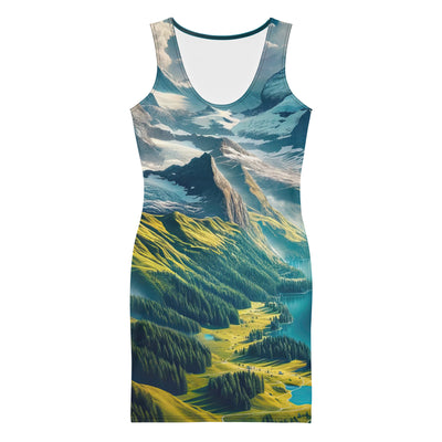 Ultraepische, fotorealistische Darstellung der Schweizer Alpenlandschaft mit Schweizer Flagge - Langes Damen Kleid (All-Over Print) berge xxx yyy zzz XL