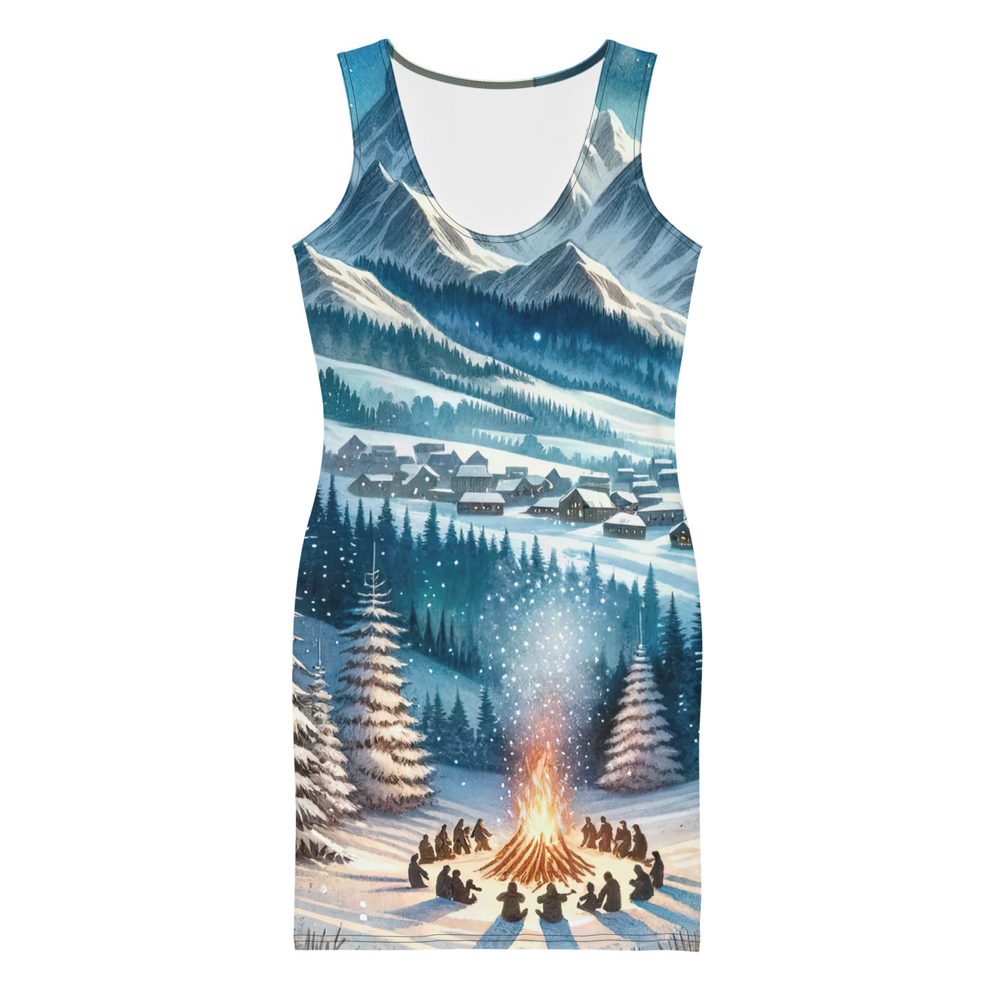 Aquarell eines Winterabends in den Alpen mit Lagerfeuer und Wanderern, glitzernder Neuschnee - Langes Damen Kleid (All-Over Print) camping xxx yyy zzz XL