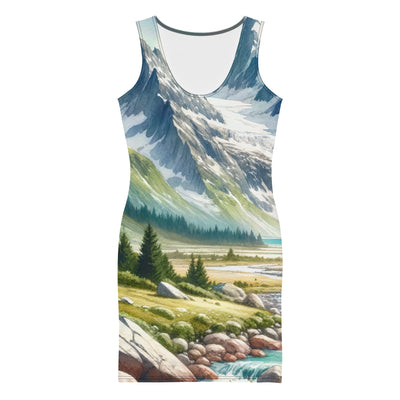 Aquarellmalerei eines Bären und der sommerlichen Alpenschönheit mit schneebedeckten Ketten - Langes Damen Kleid (All-Over Print) camping xxx yyy zzz XL