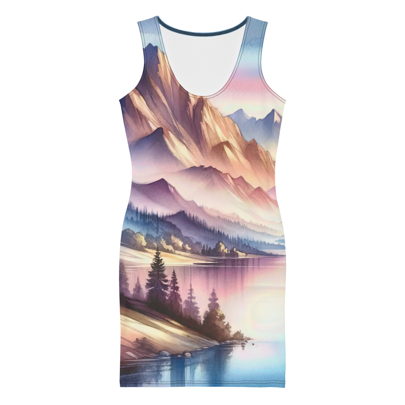 Aquarell einer Dämmerung in den Alpen, Boot auf einem See in Pastell-Licht - Langes Damen Kleid (All-Over Print) berge xxx yyy zzz XL