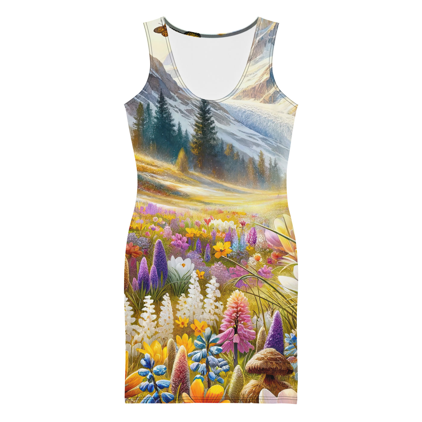 Aquarell einer ruhigen Almwiese, farbenfrohe Bergblumen in den Alpen - Langes Damen Kleid (All-Over Print) berge xxx yyy zzz XL