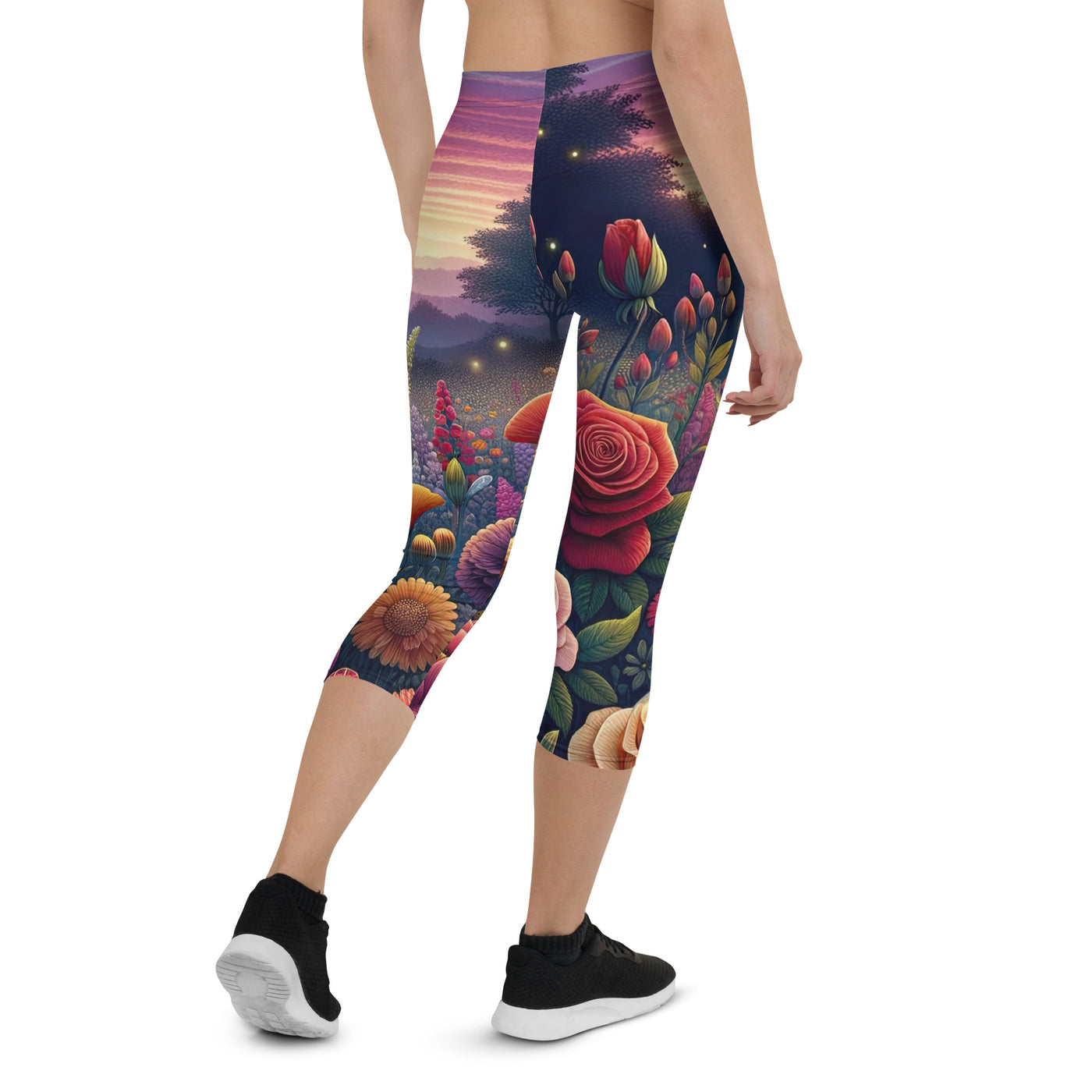 Skurriles Blumenfeld in Dämmerung, farbenfrohe Rosen, Lilien, Ringelblumen - Capri Leggings (All-Over Print) camping xxx yyy zzz