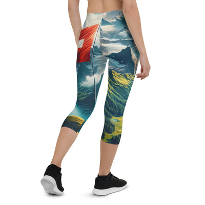 Ultraepische, fotorealistische Darstellung der Schweizer Alpenlandschaft mit Schweizer Flagge - Capri Leggings (All-Over Print) berge xxx yyy zzz